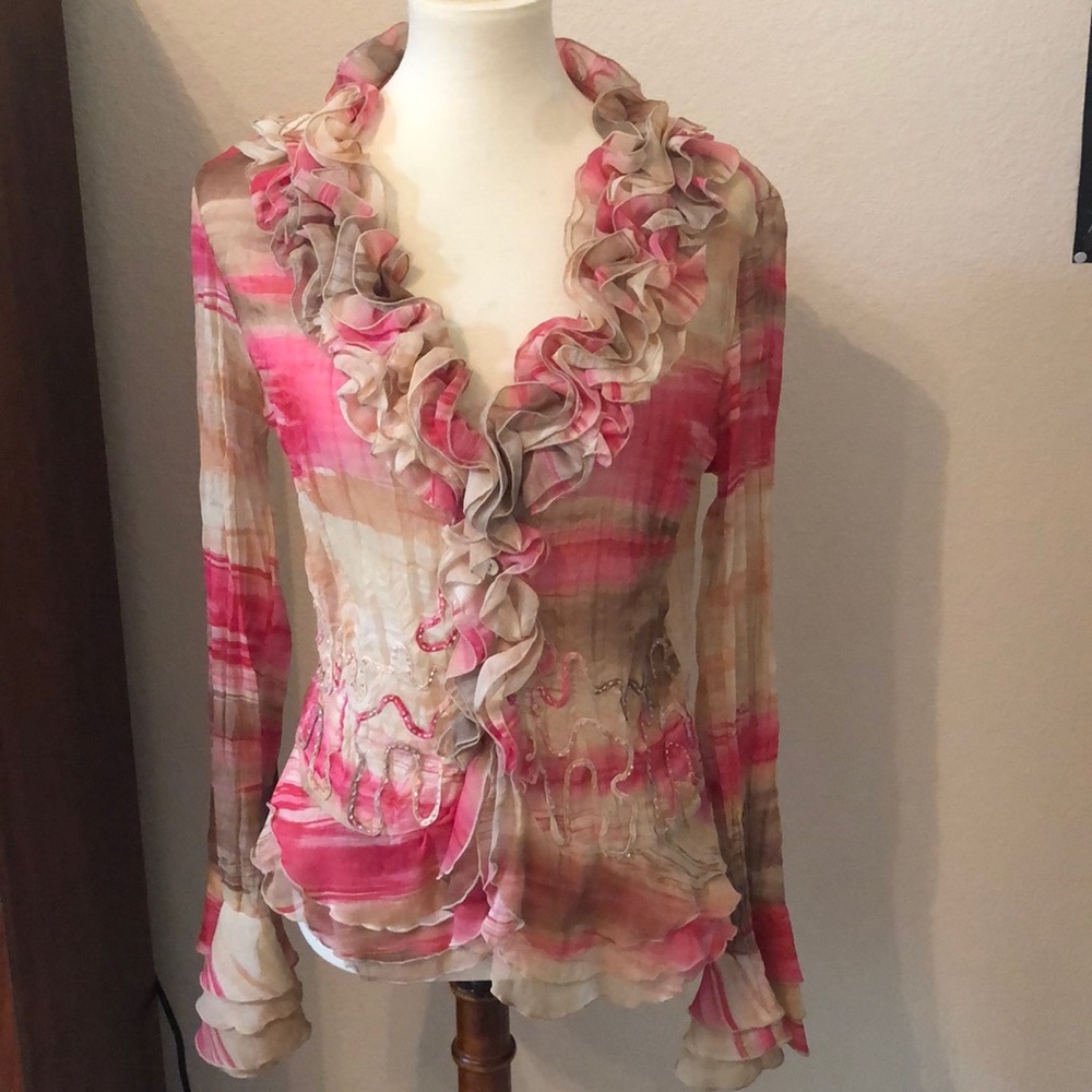 Darling Sheer MK Solo Ruffle Sleeve Deep-V Blouse
